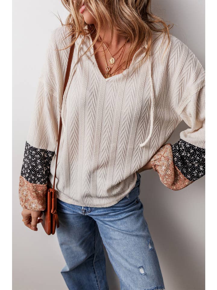 Little Daisy Closet - Wholesale Knit Top - Women's - LDC Floral Patchwork Textured Knit Drawstring V Neck Blouse
