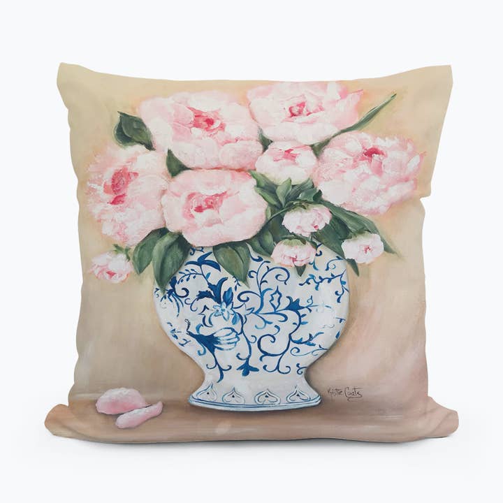 Kristie Pink Roses In Blue Vase Pillow for wholesale by LuckyBird Apparel and Home