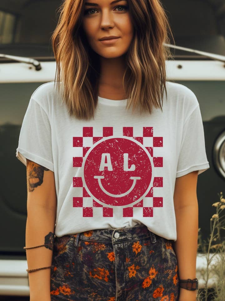 Alabama Checkerboard Smiley Distressed Adult Graphic Tee for wholesale by Uncommon Label