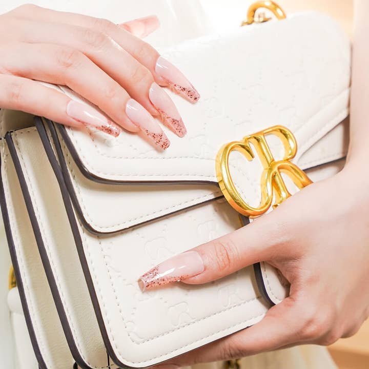 Glaze Pink Press on Nails Long Coffin French Tip with Glitter for wholesale by vibeficant