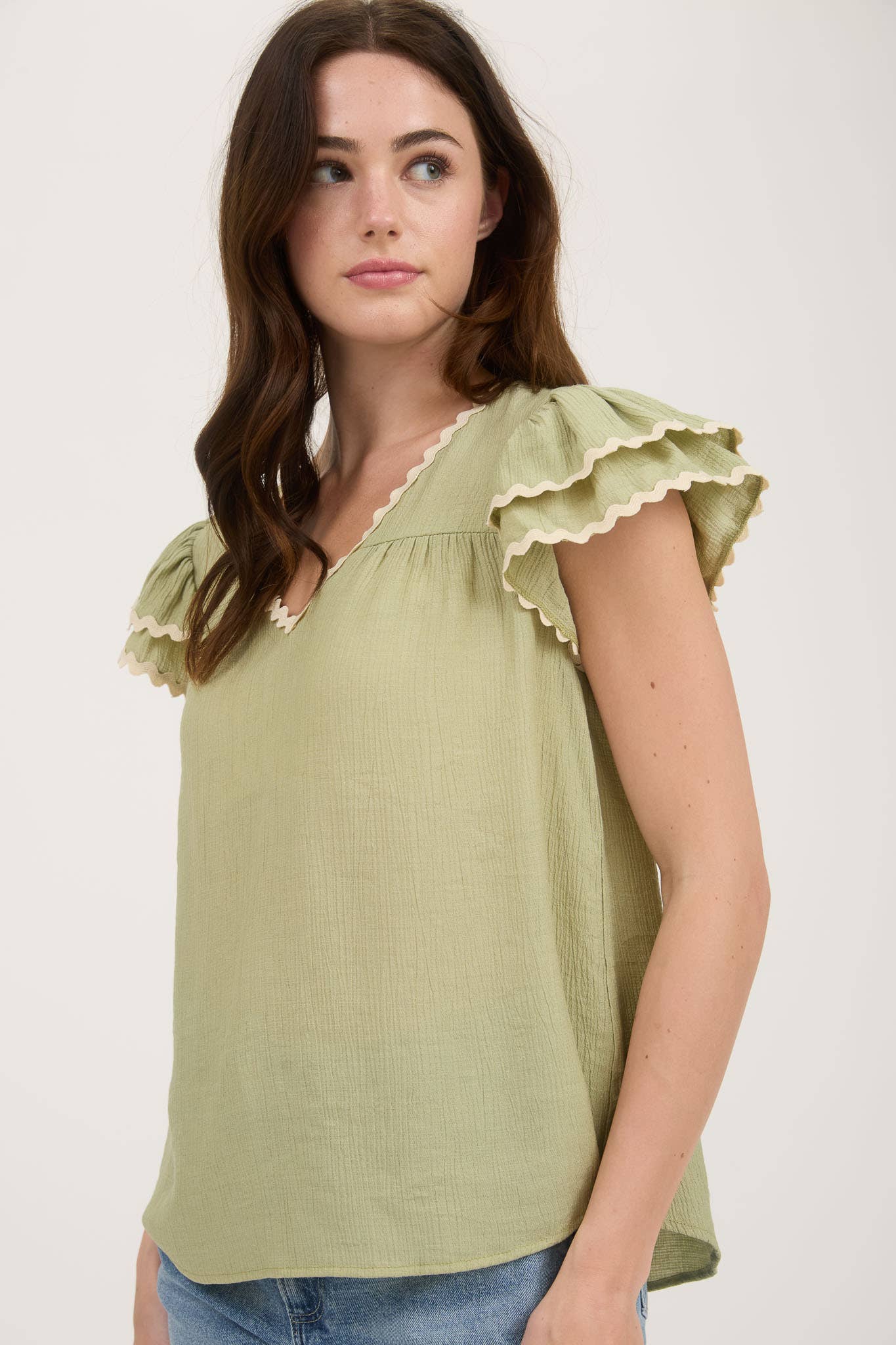 MINE - Wholesale Blouse - Women's - V NECK WAVY TRIM RUFFLE SLEEVE TOP14