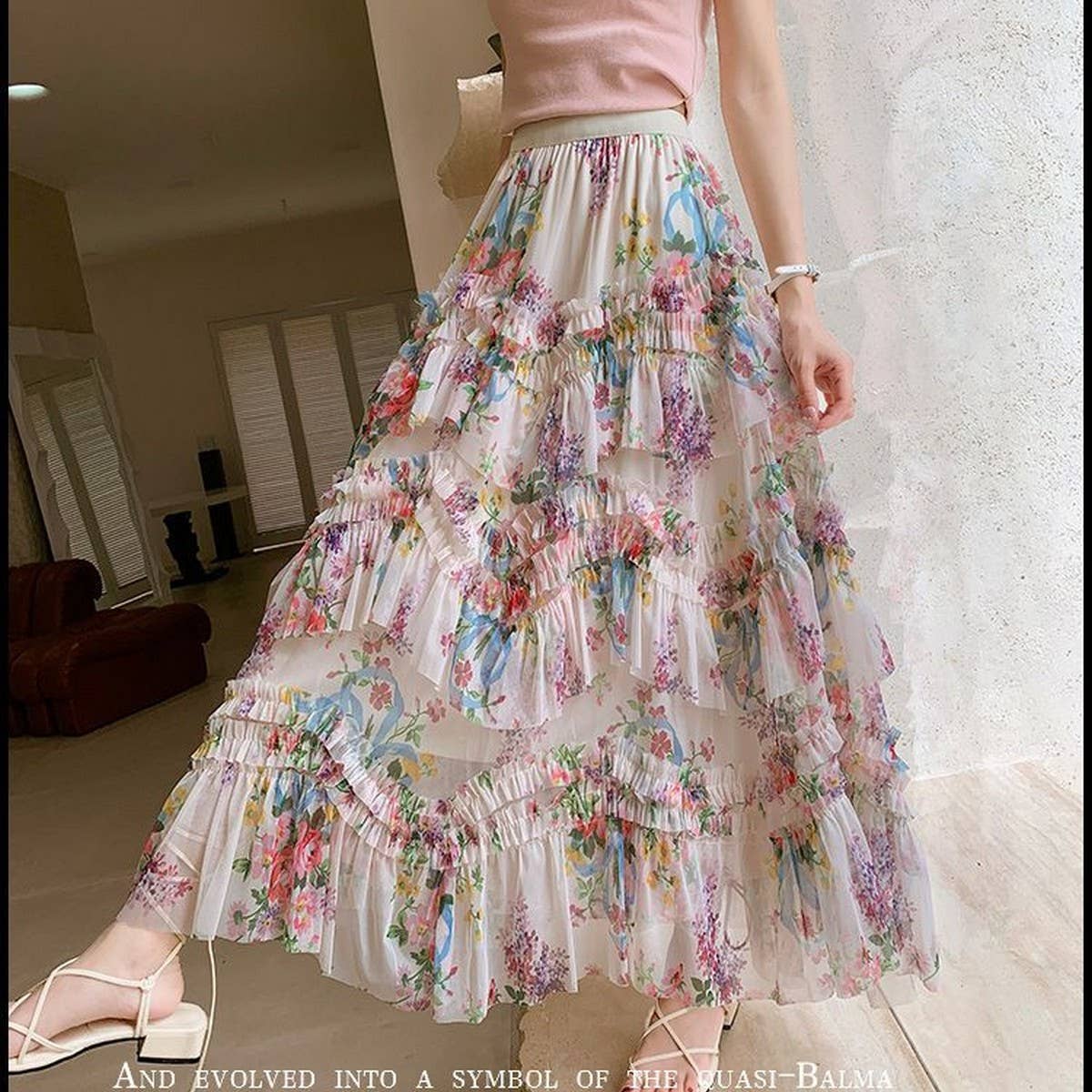 ACCITY - Wholesale Skirt - Women's - COLORFUL FLORAL MESH PRINT PLEATED TULLE SKIRT_CWBLS03996