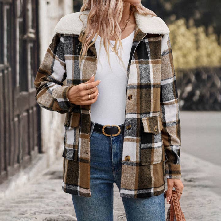 Khaki Polished Lapel Plaid Jacket Women for wholesale on Faire