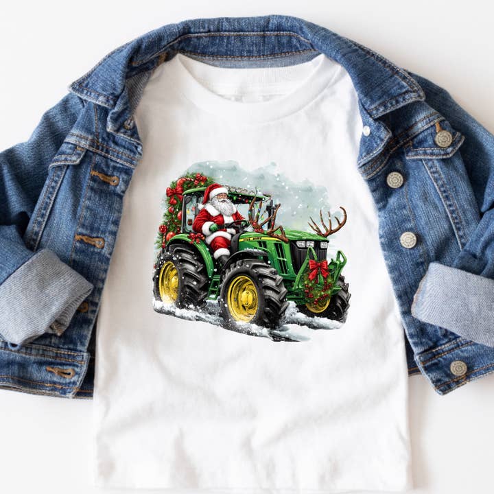 AvaryMaeInspirations - Wholesale Screen Printed T-Shirt - Kids - Green Tractor and Santa Boys Christmas Lights Tee Shirt