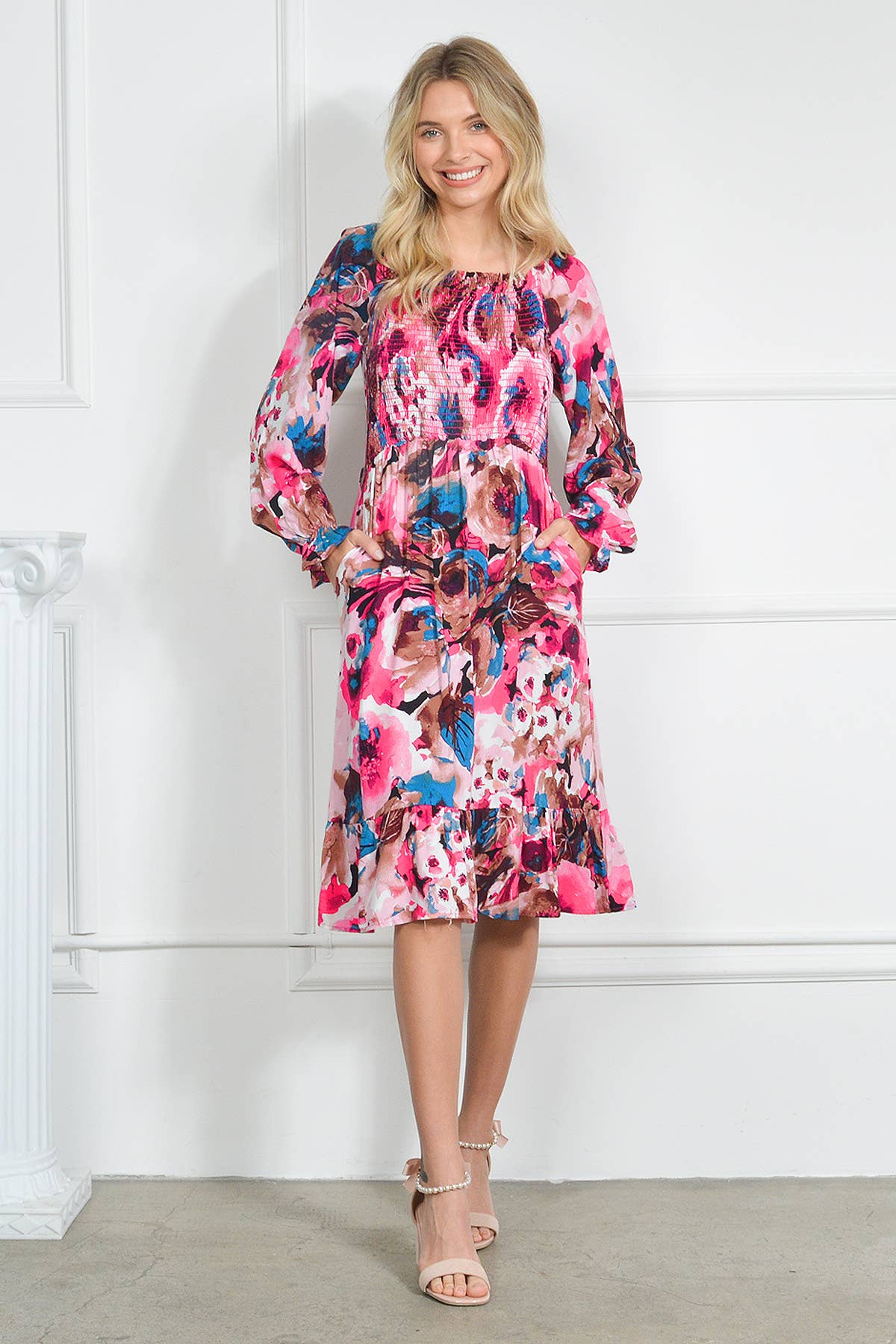 Loven x Mini Momo - Wholesale Dress - Women's - Ruffle Hem Long Sleeve Dress Floral Multi Mommy & Me Matched3