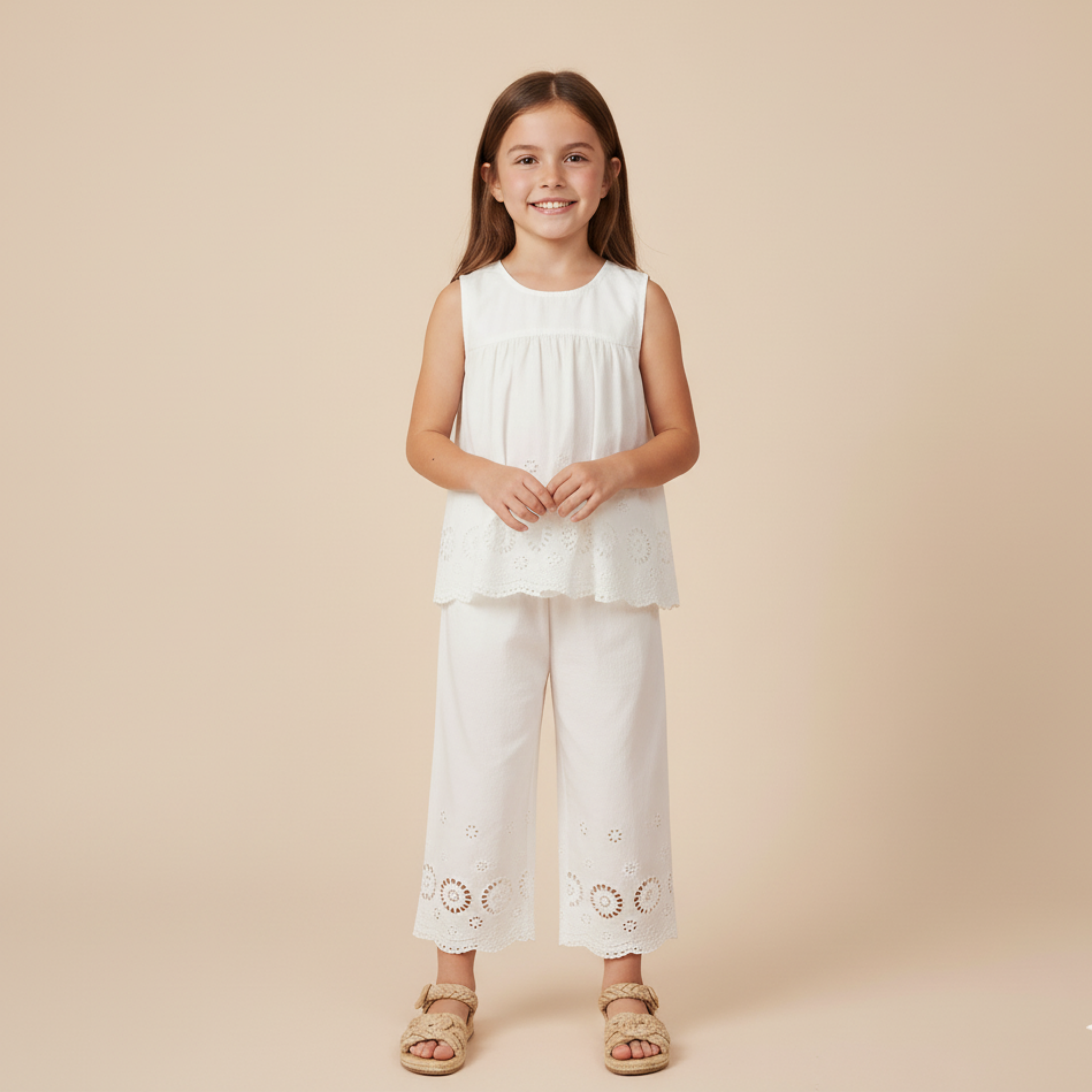 Makemake Organics - Wholesale Top & Pant Set - Kids - Organic Eyelet Top And Pant Set - Ivory Eyelet1