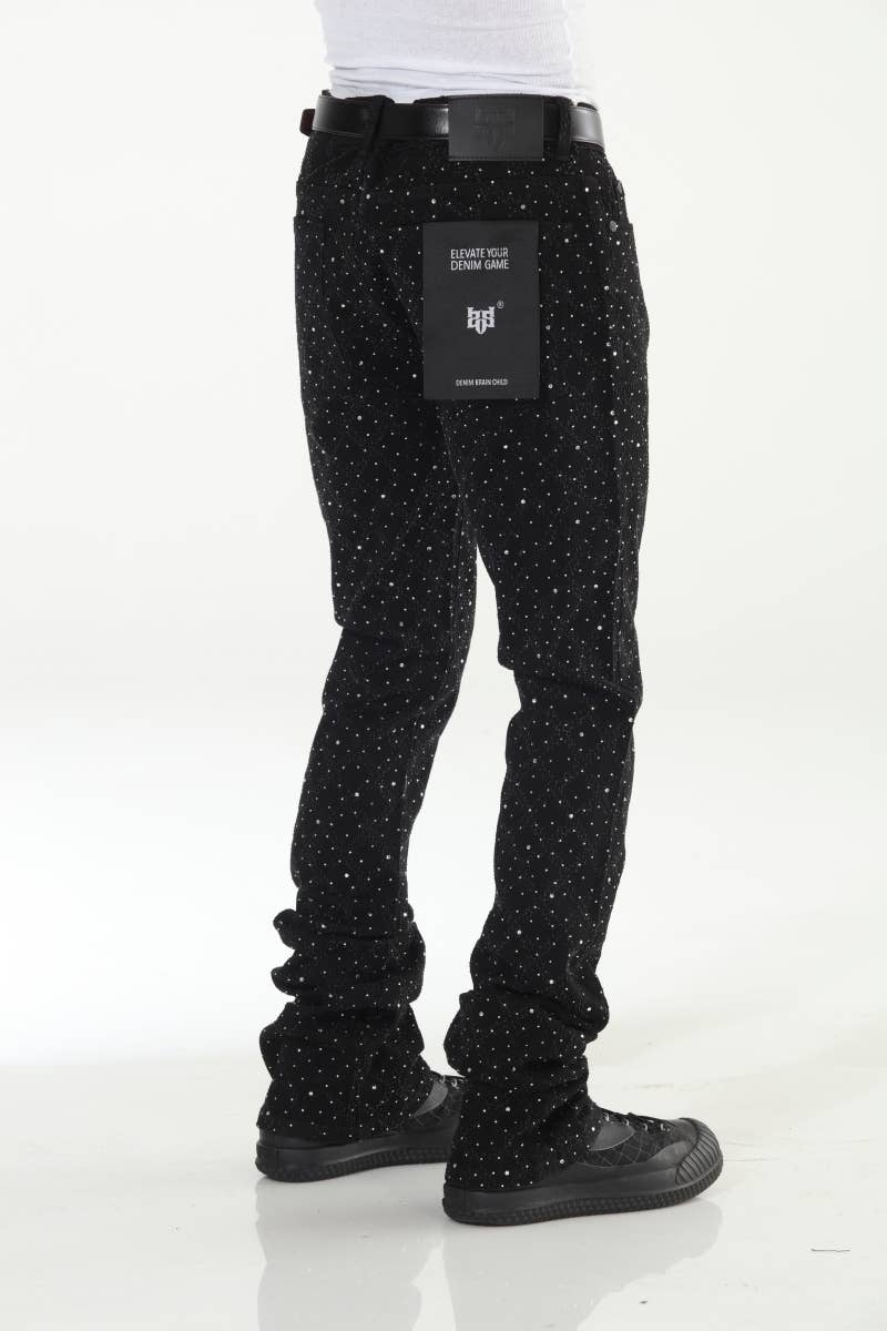 Stylo - Wholesale Jeans - Men's - Black Rhinestone Covered Stacked Flare11