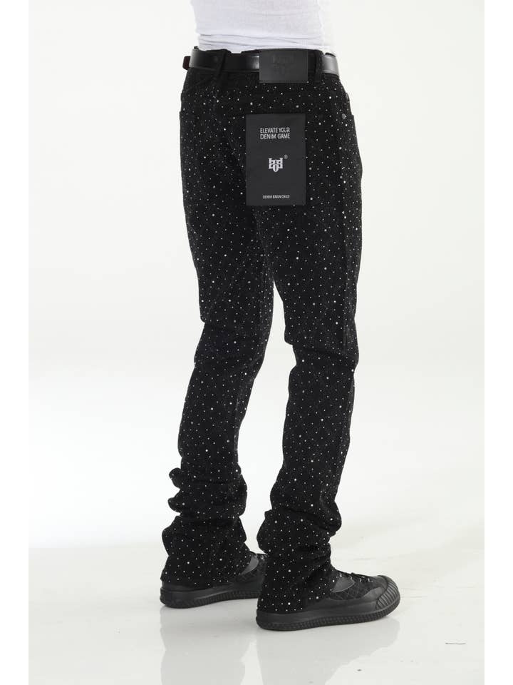 Stylo - Wholesale Jeans - Men's - Black Rhinestone Covered Stacked Flare11