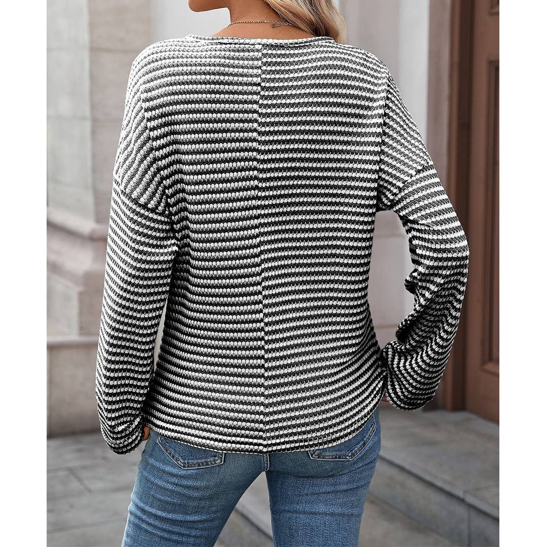 UNISHE - Wholesale Blouse - Women's - Striped Waffle Knit Long Sleeve Top MD23722