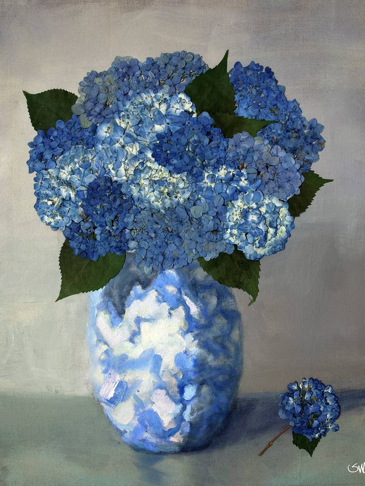Pressed Hydrangea Bouquet on Oil - Botanical Art Print for wholesale by Homegrown Art Co
