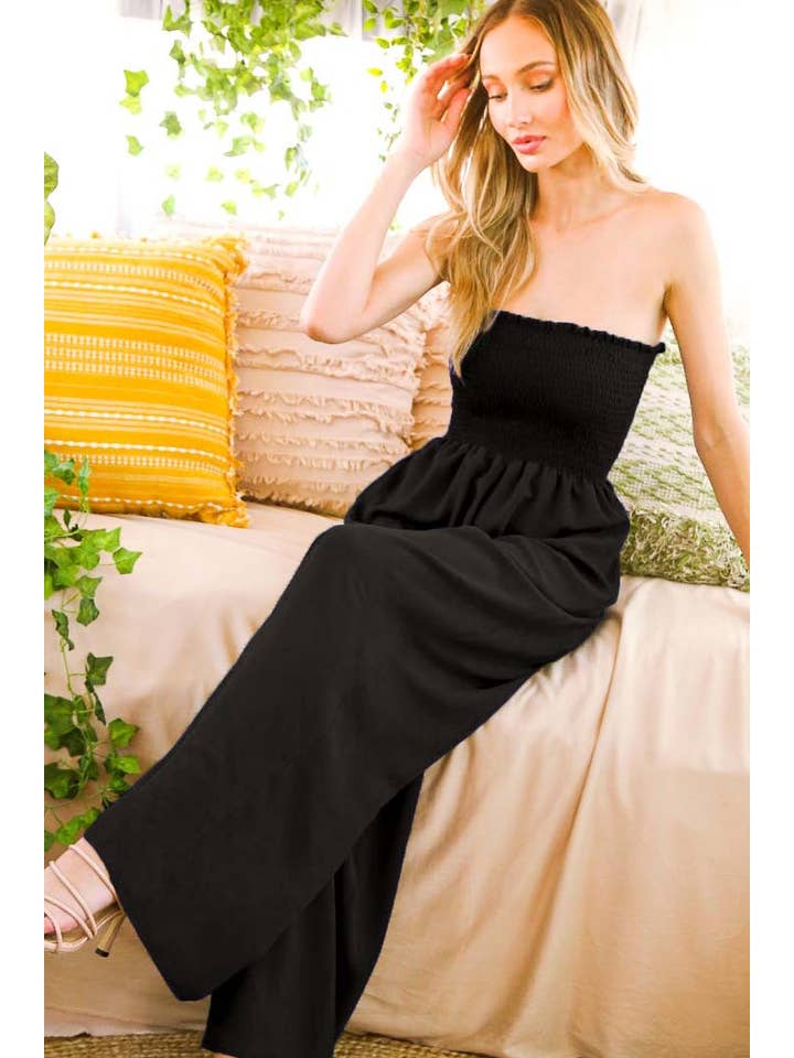 Vine & Love – Großhandel Jumpsuit – Damen – Lässiger trägerloser Tube-Smocked Jumpsuit mit weitem Bein VP605925