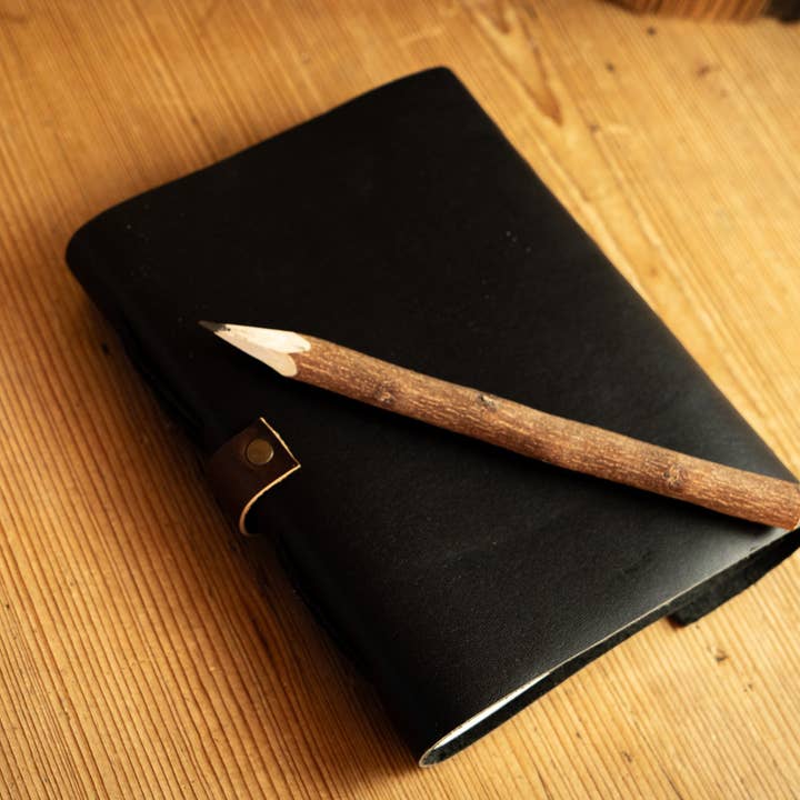 Black Leather 100-Page Journal with Wooden Pencil for wholesale by Backwoods Provisions