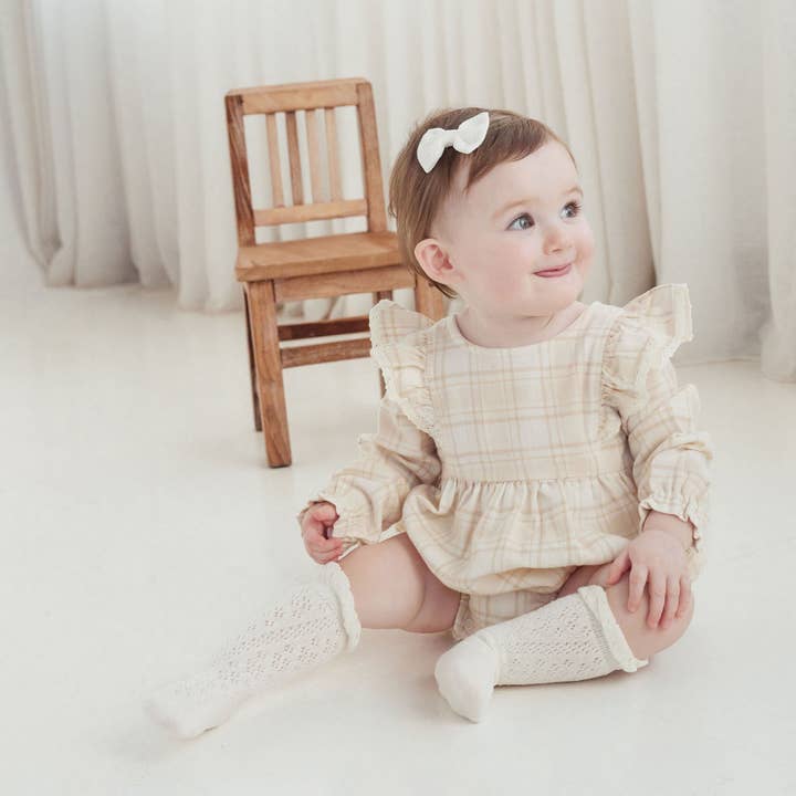 Beige Plaid Bubble Ruffle Flannel Romper for wholesale on Faire