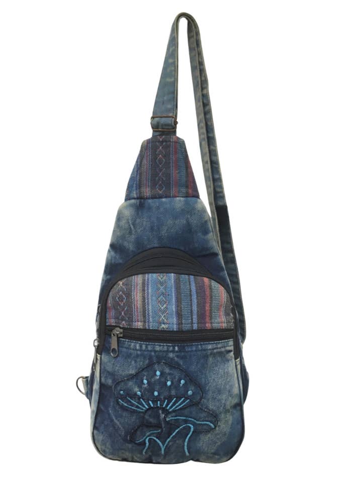 Boho Mushroom Embroidered Denim Hippie Sling Bag for wholesale by The Collection Royal / Royal Handicrafts
