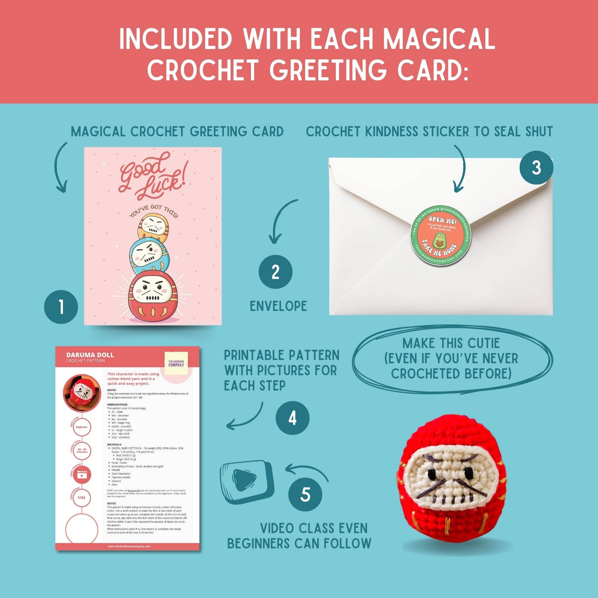 The Kindness Company – wholesale Encouragement card – Encouragement Card & Daruma Doll Crochet Pattern2