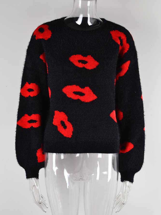 Comely Fashion – wholesale Knitted jumper – Women′s – Valentine Lips Pattern Knit Pulllover Sweater9
