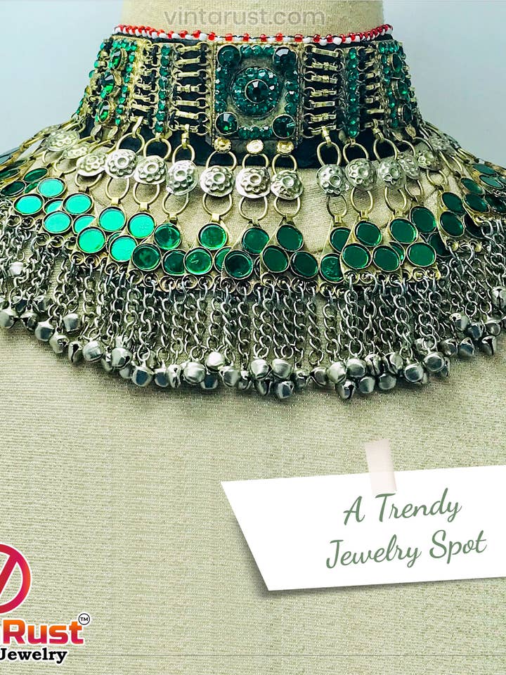 Vintage Bells Green Choker Necklace, Kuchi Choker Necklace for wholesale by vintarust