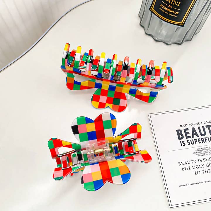 ACCITY - Wholesale Hair Clip - Women's - RAINBOW CHECKER HAIR CLAW CLIPS_CWAHA0402