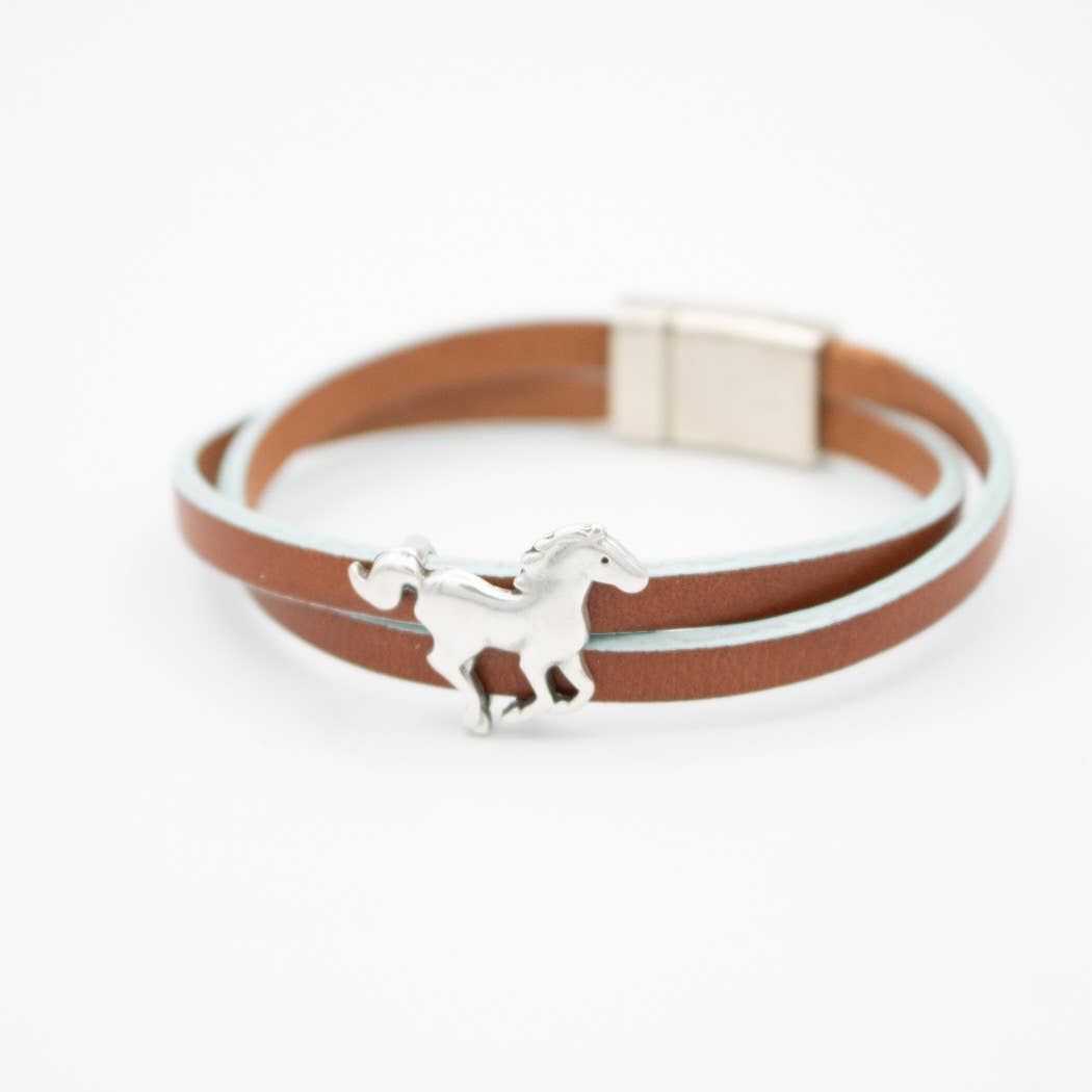 Montana Leather Designs - Wholesale Bangle Bracelet - WP Galloping Horse Leather Bracelet - Giddy Up4