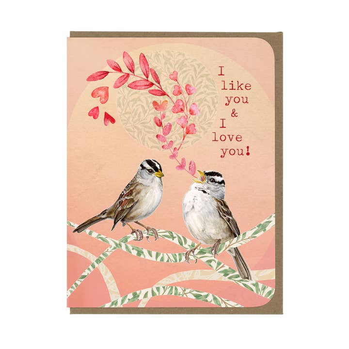 Love You - White Crowned Sparrows - Wenskaart voor wholesale door Amy Rose Moore Illustration
