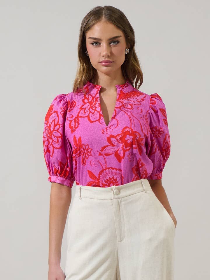 Weirly Floral Terri Puffærme Top for engroshandel hos Sugarlips