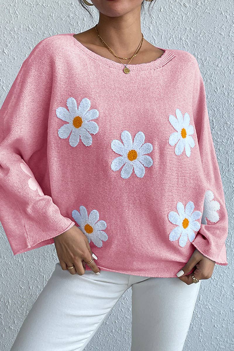 Lily Clothing - Wholesale Knit Sweater - Women's - Floral embroidery loose crew neck pullover sweater1