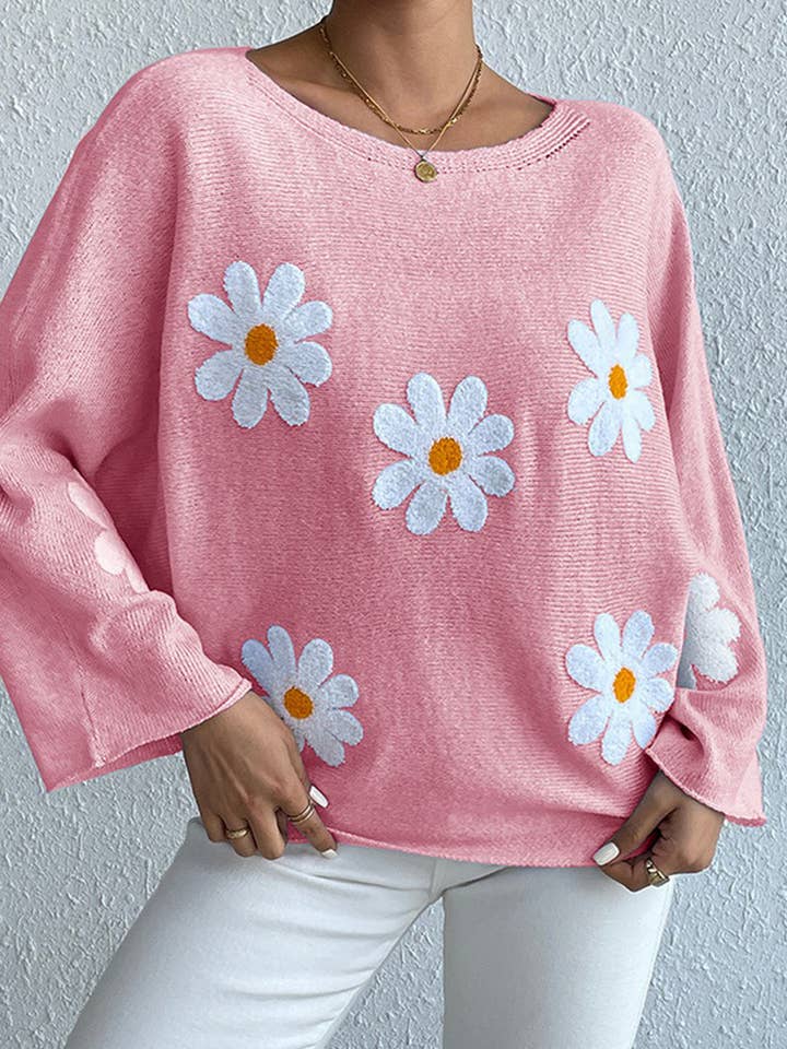 Lily Clothing - Wholesale Knit Sweater - Women's - Floral embroidery loose crew neck pullover sweater1