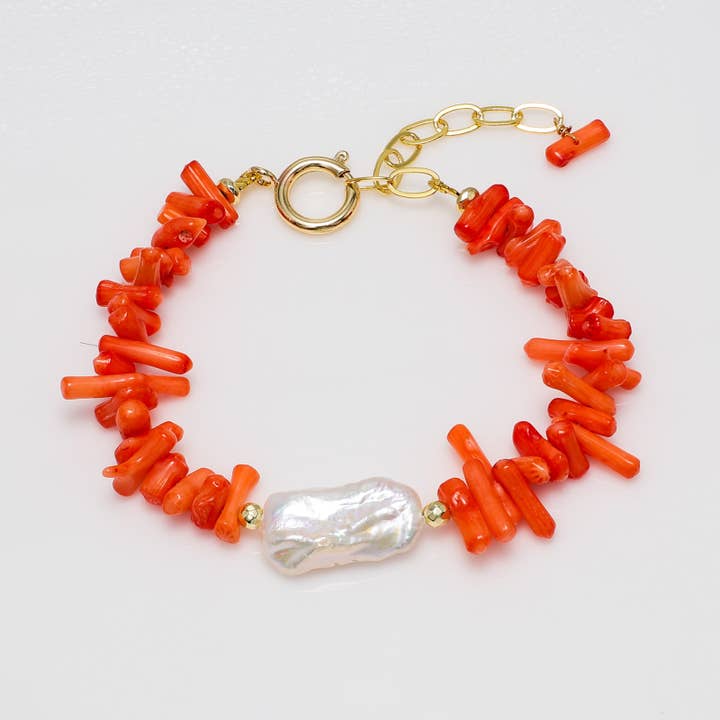 Coral Chip & Baroque Pearl Statement Bracelet for wholesale by So... Silver Jewelry