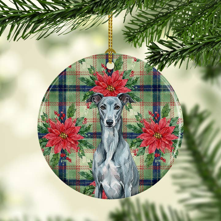 Ornamento de Natal de Galgo Azul Tigrado com Poinsétias WDK86 por atacado de Caroline's Treasures