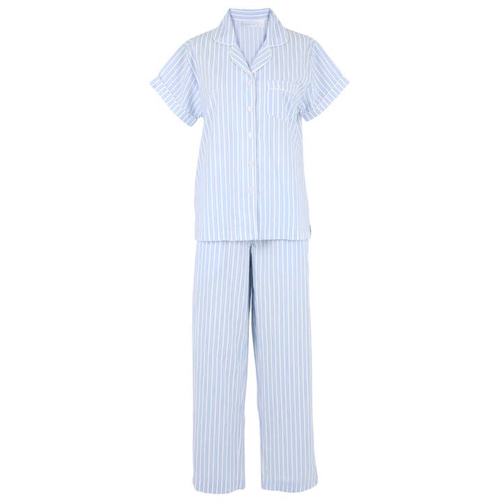 Kensington Stripe-Blue Short Sleeve Long Pant Pajamas for wholesale by Needham Lane