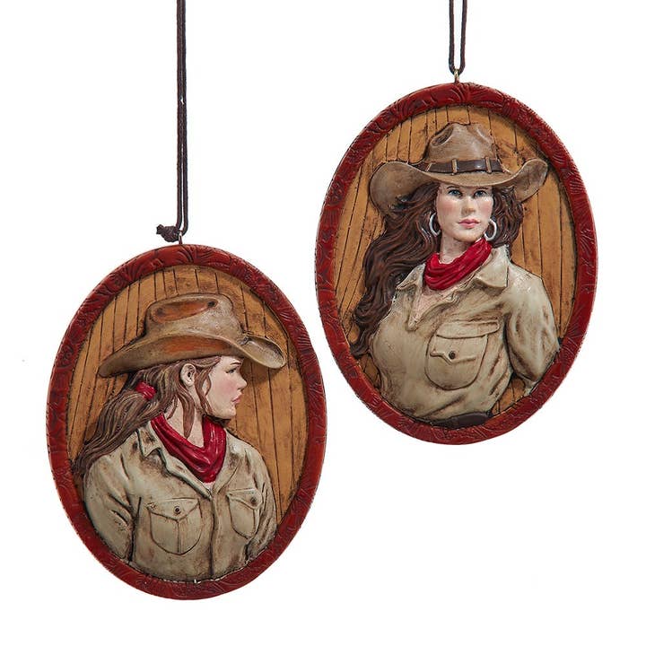 4" Resin Western Cowgirl Frame Ornament 2 Assorted for wholesale by Kurt S. Adler, Inc.