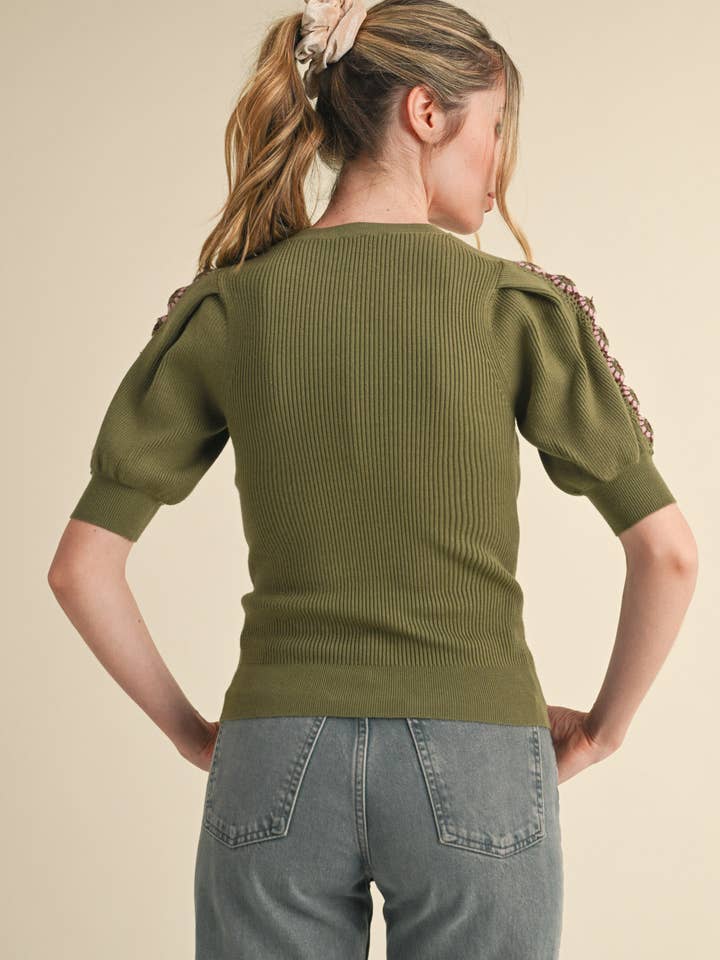 &MERCI - Wholesale Knit Top - Women's - HAND-MADE CROCHET PUFF SLEEVE SWEATER MSW1056715