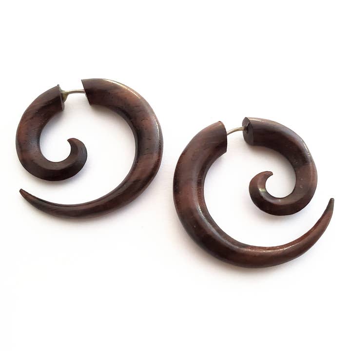 Dalfiya - Wholesale Hoop Earrings - 1" Natural Wood Spiral Hoop Fake Gauge Earrings Split Plug