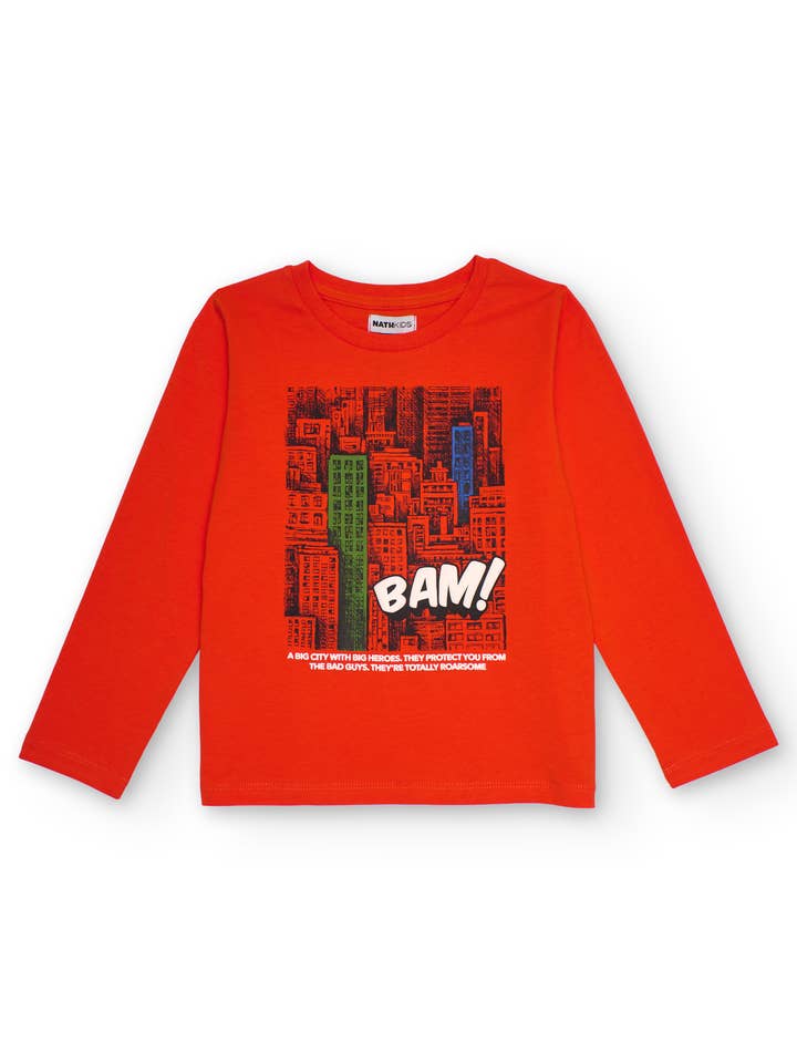 T-shirt pour garçon en orange avec imprimé urbain. pour la vente par tuc tuc