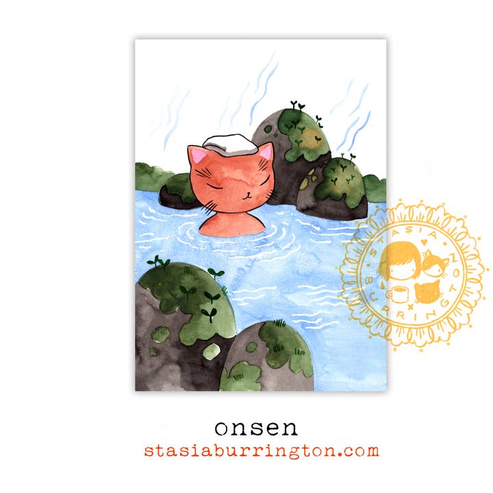 Carte postale - Onsen Cat - Mini-impression - 5x7 pour la vente par Stasia Burrington Illustration