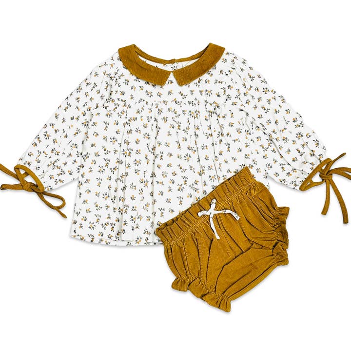 Mustard Ditsy Floral Baby Dress + Corduroy Bloomer SET (Organic) for wholesale on Faire