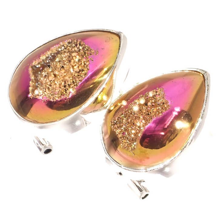 925 silver persikrosa titan druzy päron sterling omega stiftörhängen, 3/4" för wholesale av FifiRose