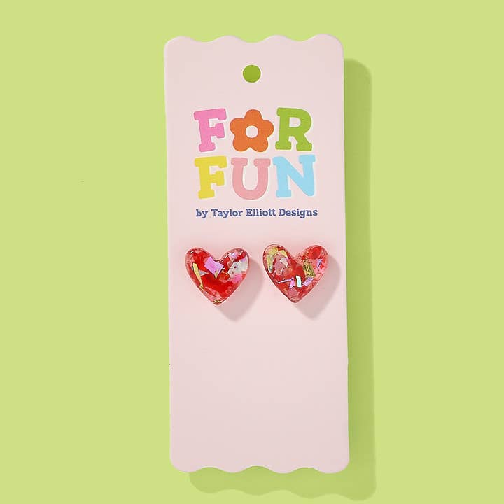FOR FUN - Stud Earrings -Acrylic Hearts -Red + Pink Confetti for wholesale by Taylor Elliott Designs