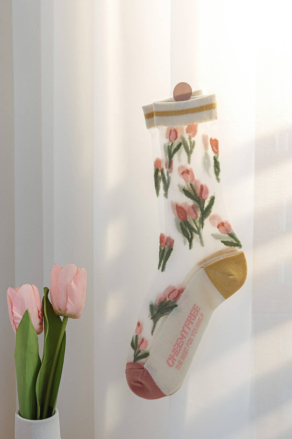 Rose 🌷 Transparent stocking socks with embroidered tulips 🌷 for wholesale on Faire3