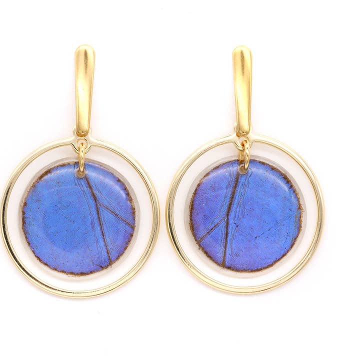 Dangling Wing Earrings - Blue Morpho for wholesale by Monarca Eco Friendly Jewelry