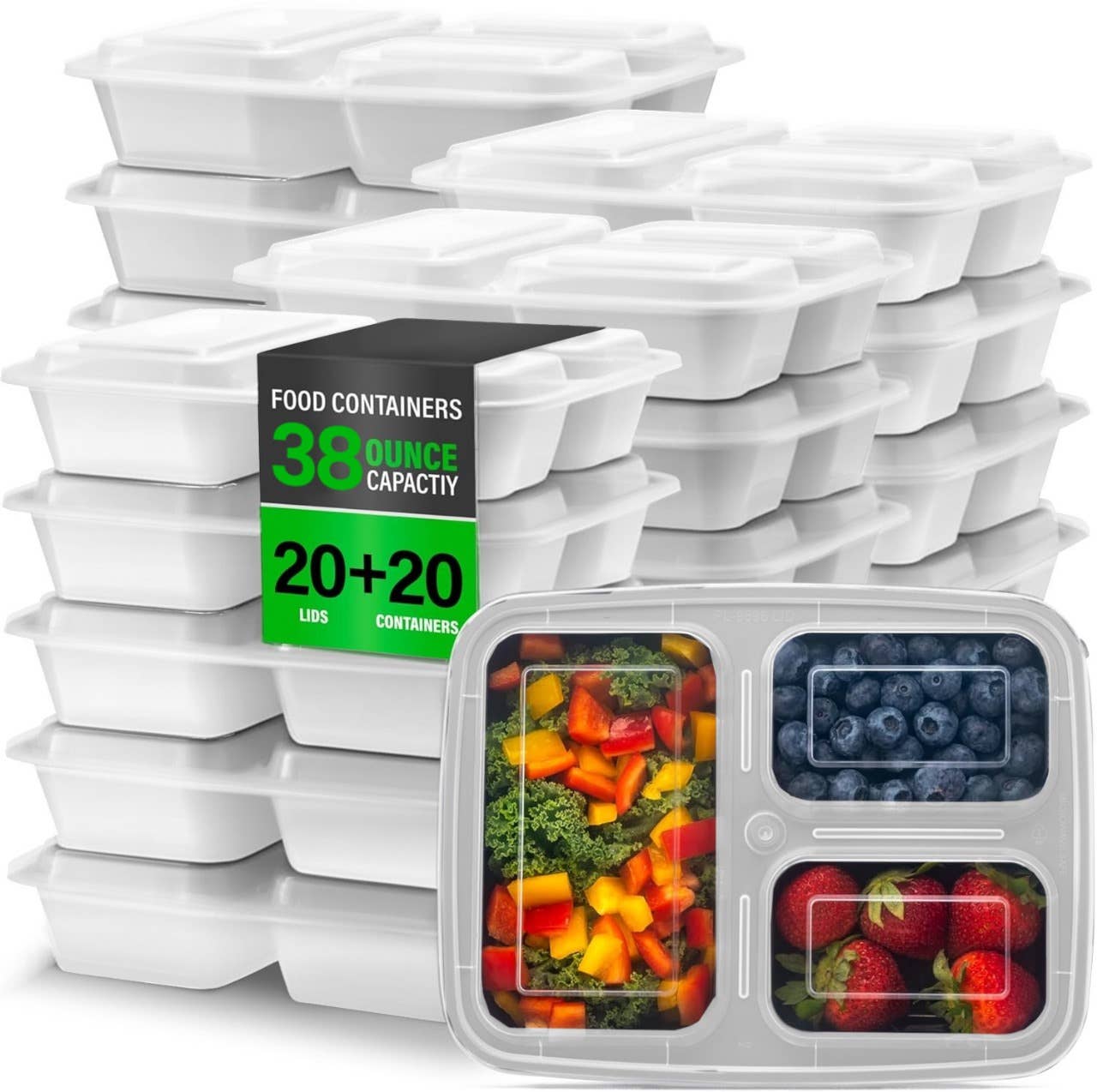 Innovarix – Recipiente para armazenar alimentos por atacado – 20 CONJUNTOS de Recipientes para Preparação de Refeições com 3 Compartimentos (Para levar)5