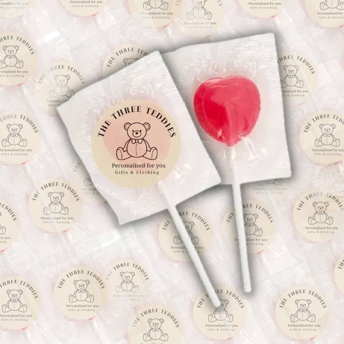 Sucettes personnalisées avec autocollants logo pour la vente par The Three Teddies