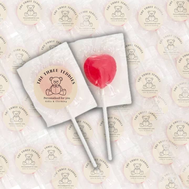 Personalised Lollipops with Logo Stickers for wholesale by The Three Teddies