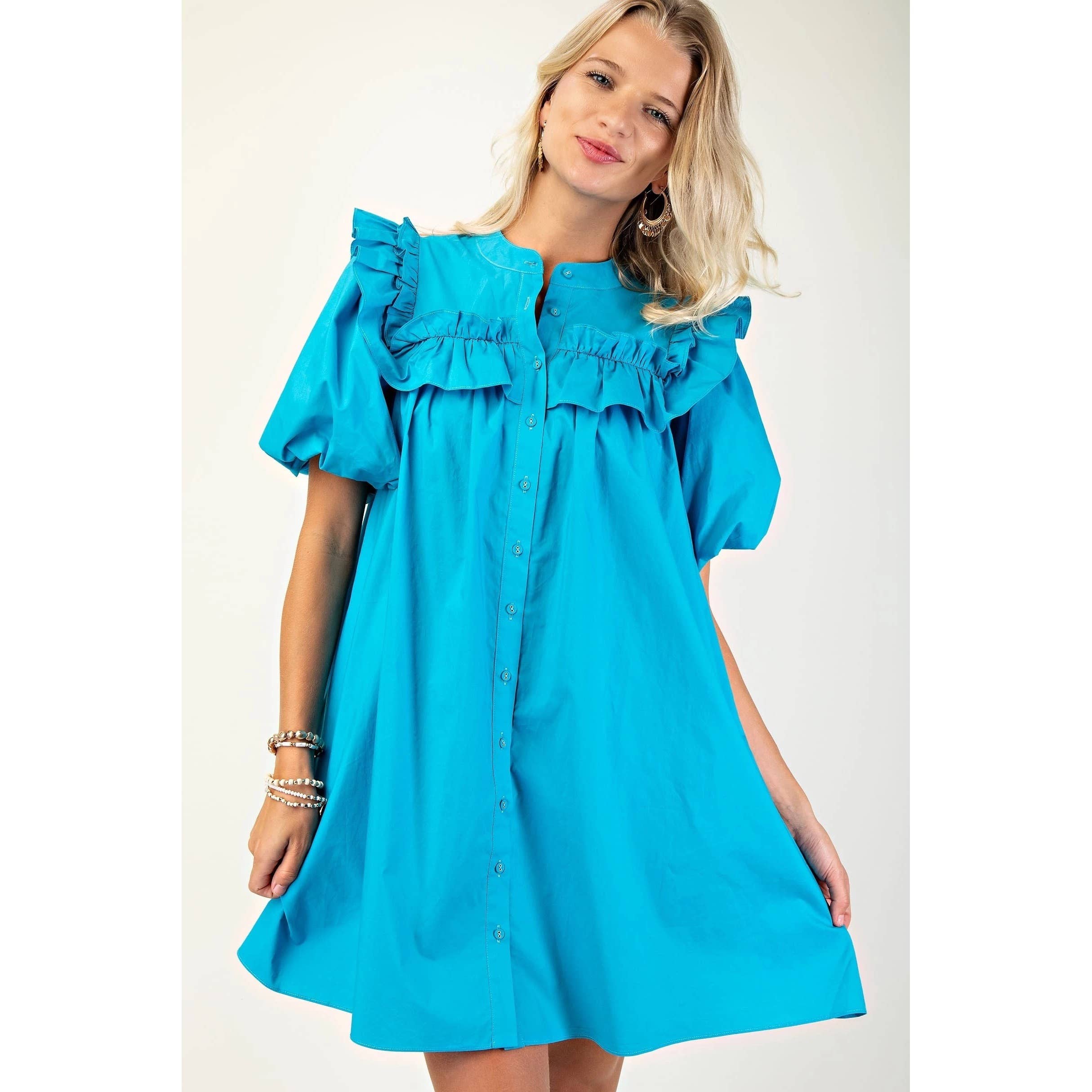 BNS - Wholesale Dress - Women's - Puff Sleeve Mini Dress w_Mandarin Collar n Ruffle6
