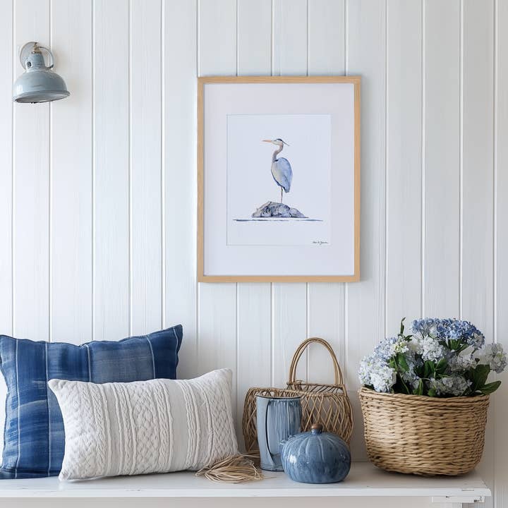 Great Blue Heron Watercolor Art Print for wholesale by Waterline Studio