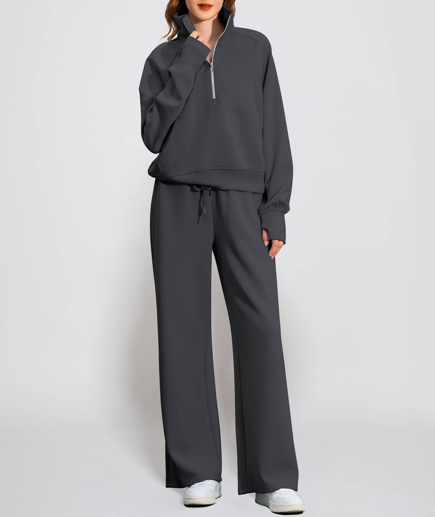 Rosa Clothing - Wholesale Activewear Set - Women's - Zipper Sweatshirt Wide Leg Sweatpants Casual Set2