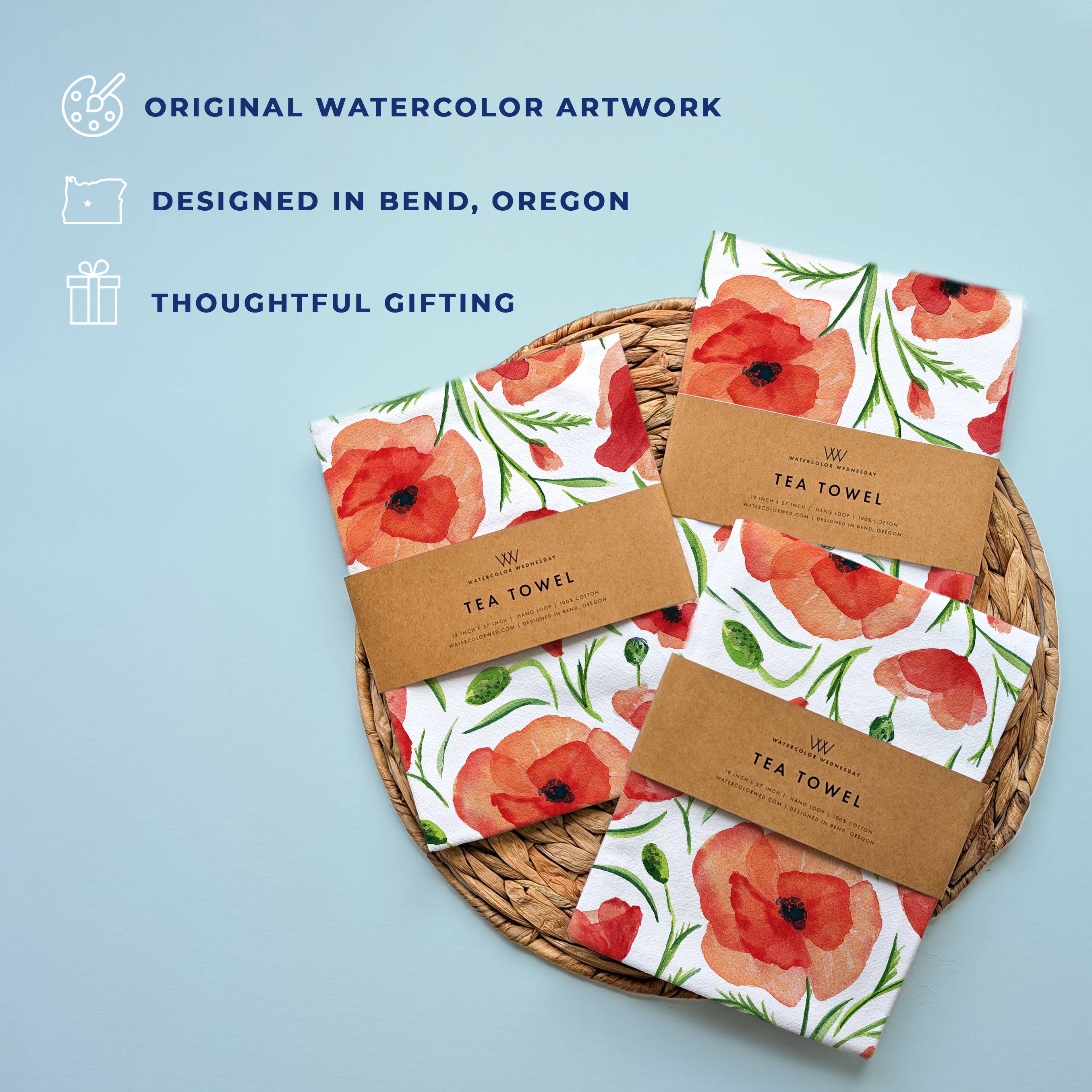 Watercolor Wednesday – wholesale Tea towel – Red Poppy Tea Towel | Watercolor Wildflower Kitchen Towel3