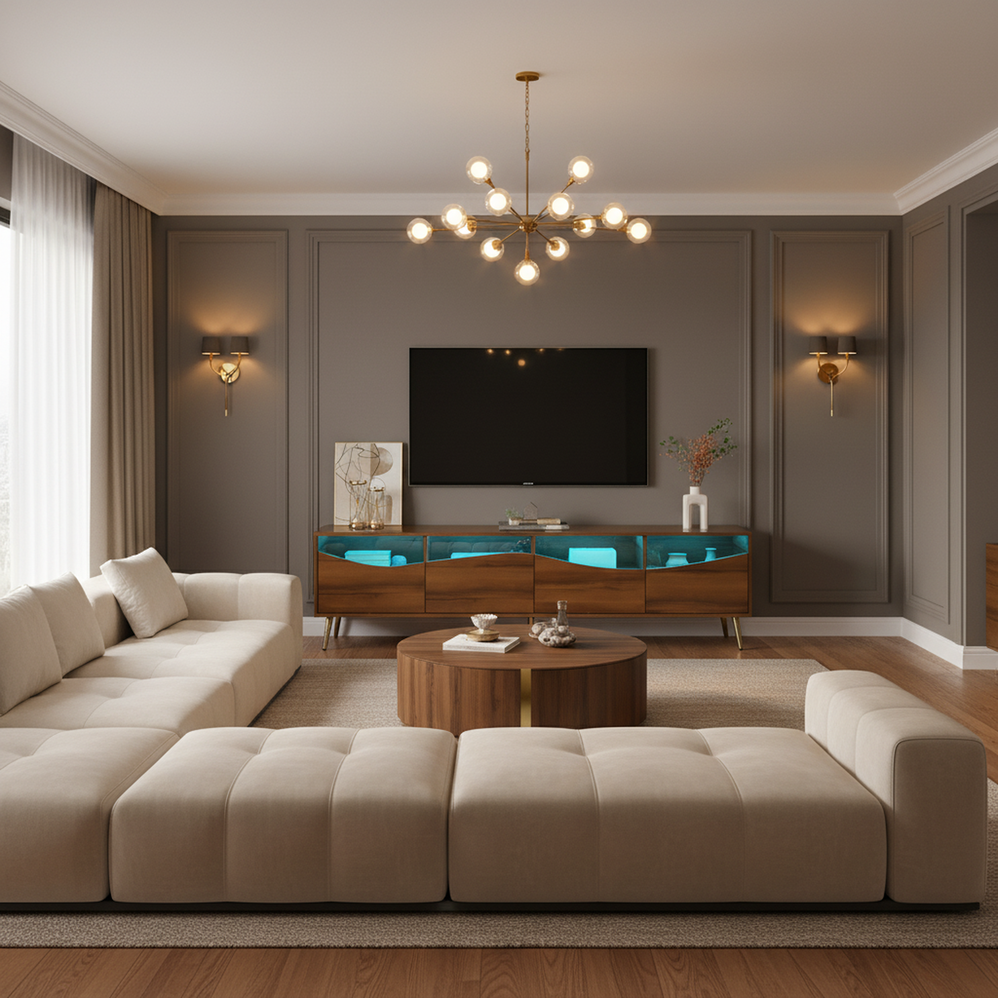 Urban Meuble - Wholesale Console Table - Retro walnut-effect TV stand with LED lighting and gold metal legs PROKARYOT4