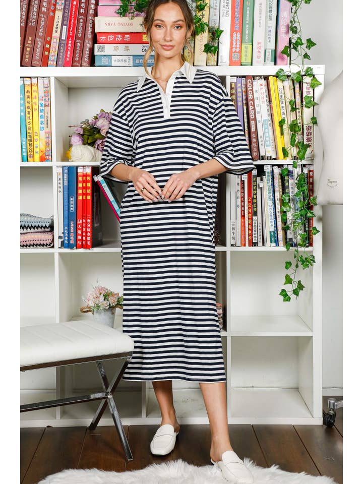 Navy Collared Drop Shoulder Striped Printed Polo Dress VD82307 for wholesale on Faire17
