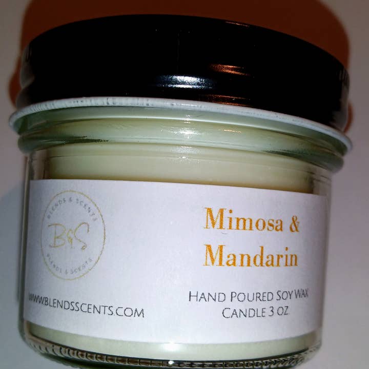 Mimosa & Mandarin Soy Wax Candle 3oz. for wholesale by Blends & Scents LLC